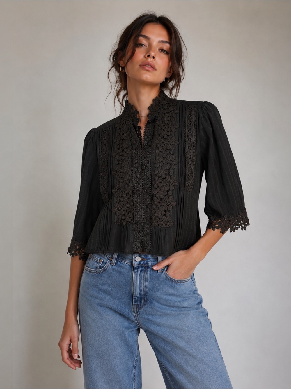 POL Black 100% Cotton Lace Embroidered Blouse Victorian Romantic Dark Goth Small